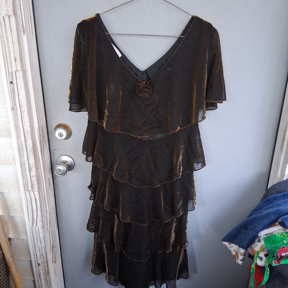 80s Black with Gold Accented Layered Short Sleeve Patra Dress Size 14 Vintage